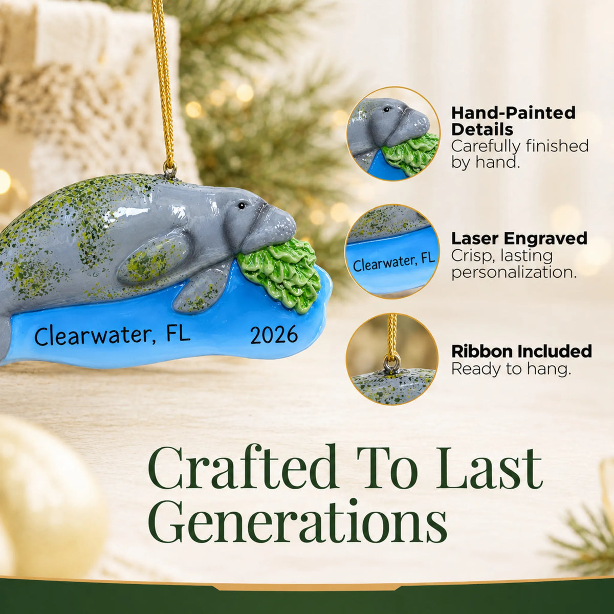 Hand-painted details and laser engraved personalization on the manatee christmas ornament, ribbon included