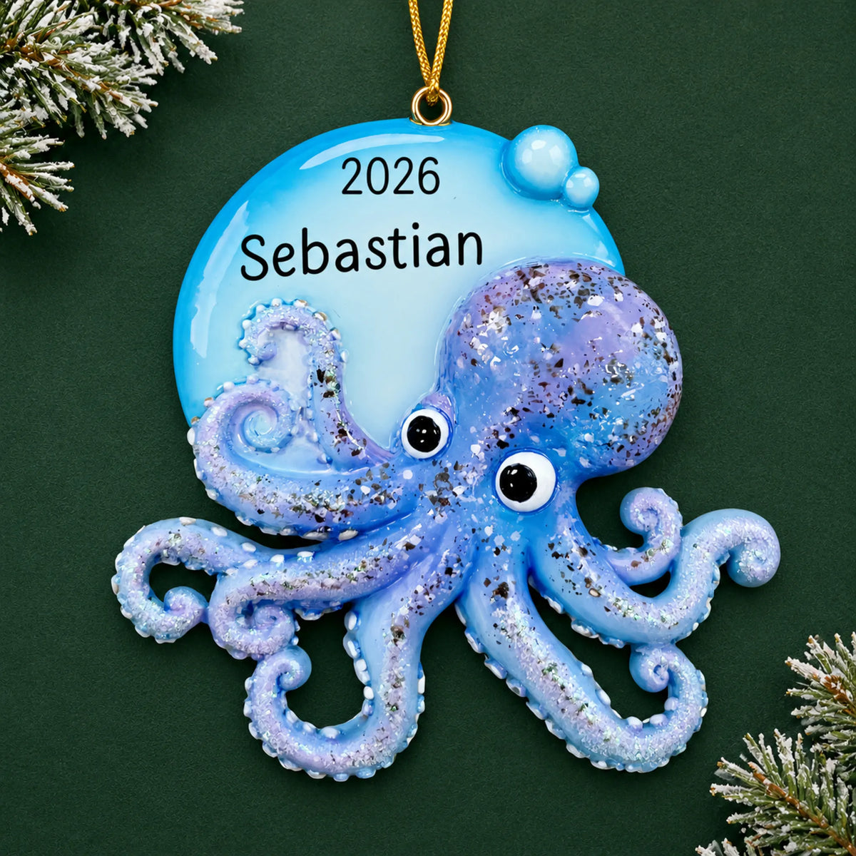 Personalized octopus christmas ornament on a dark green pine background