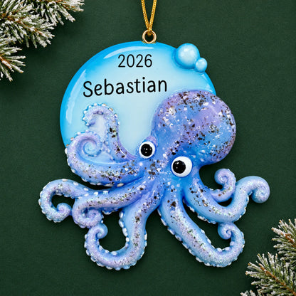 Personalized octopus christmas ornament on a dark green pine background