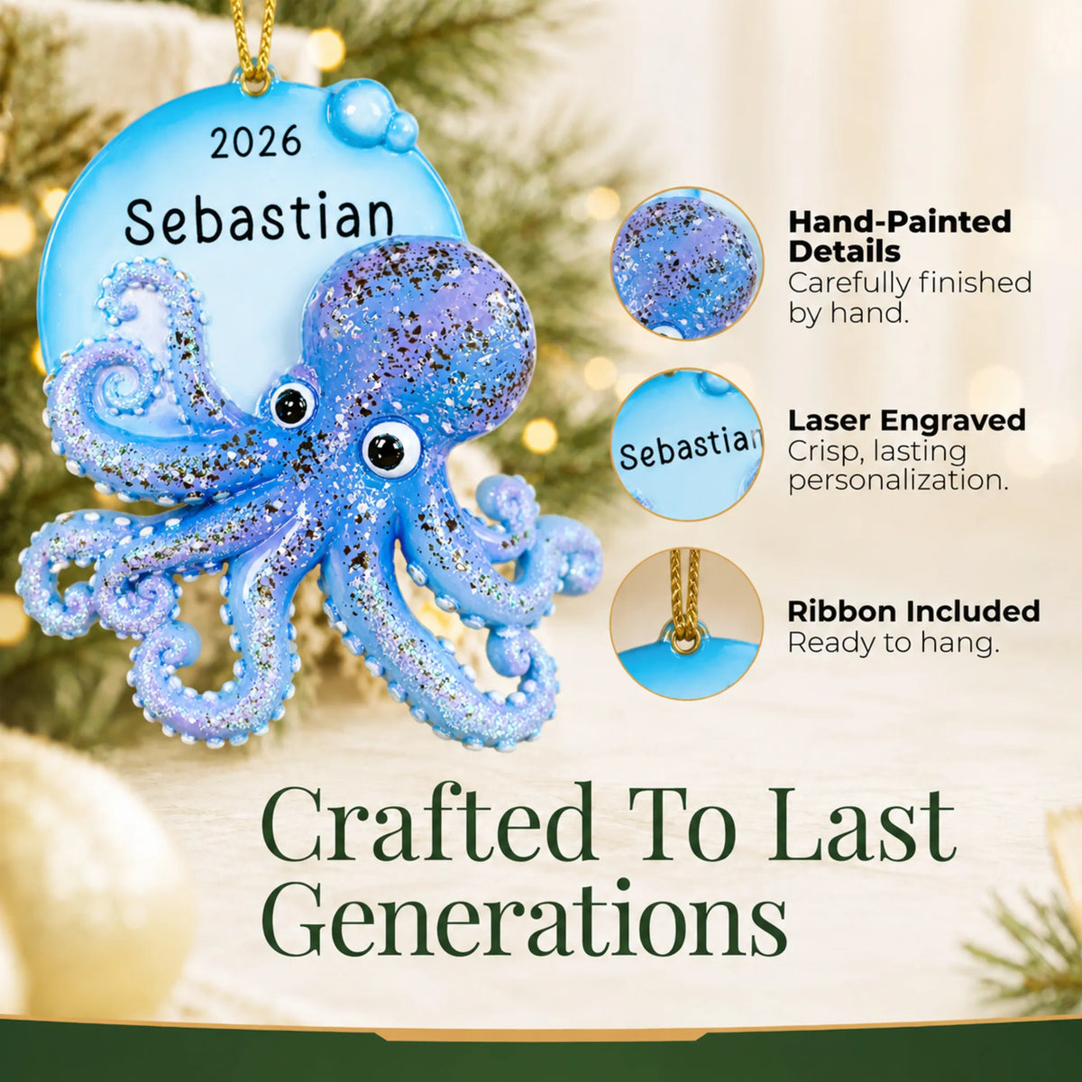 Hand-painted details and laser engraved personalization on the octopus christmas ornament, ribbon included