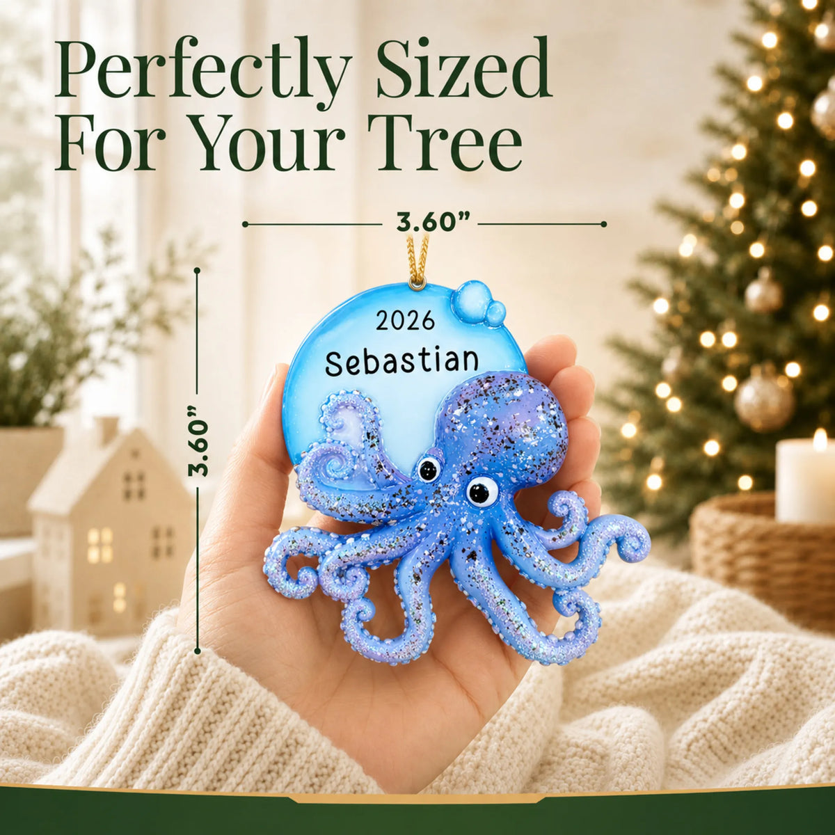 Size guide: the personalized octopus christmas ornament is 3.60 in wide by 3.60 in tall, shown in hand