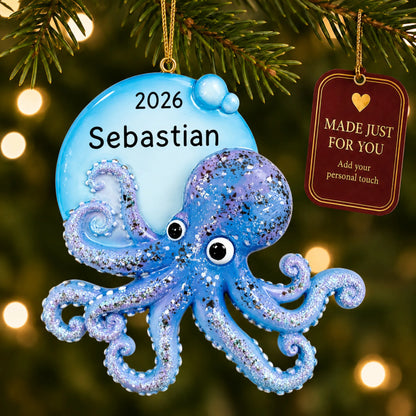 Octopus christmas ornament hanging on a lit Christmas tree with a Made Just For You gift tag