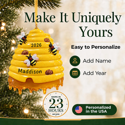 Make it yours: add a name and year to the personalized honey beehive christmas ornament