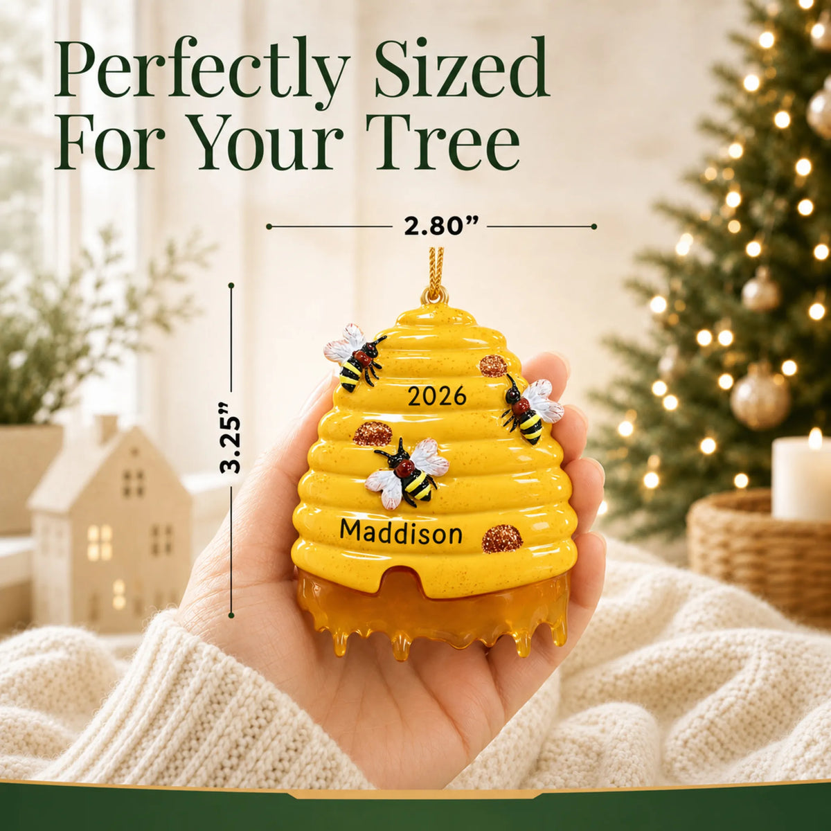Size guide: the personalized honey beehive christmas ornament is 2.80 in wide by 3.25 in tall, shown in hand