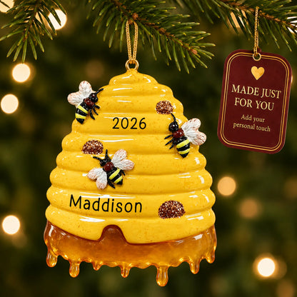 Honey beehive christmas ornament hanging on a lit Christmas tree with a Made Just For You gift tag