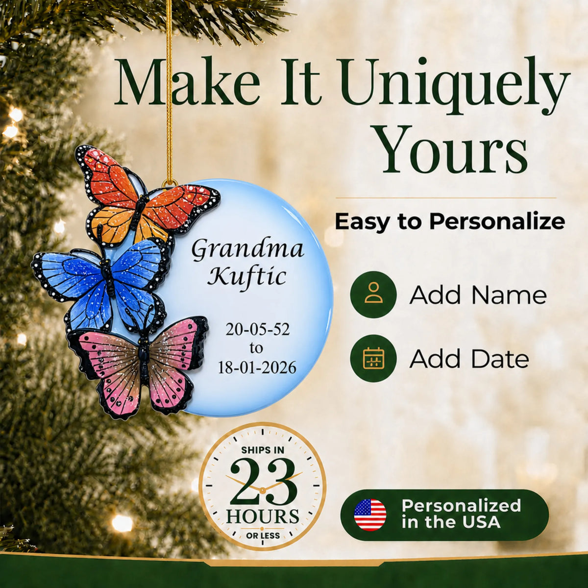 Make it yours: personalize the Butterfly Memorial christmas ornament