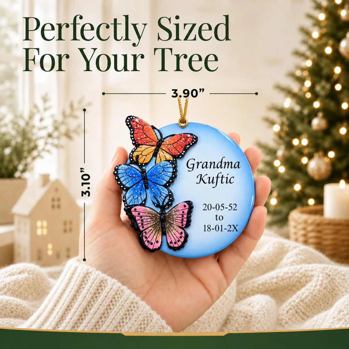 Size guide: the personalized Butterfly Memorial christmas ornament is 3.90 in wide by 3.10 in tall, shown in hand