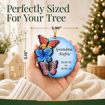 Size guide: the personalized Butterfly Memorial christmas ornament is 3.90 in wide by 3.10 in tall, shown in hand