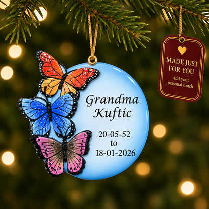 Butterfly Memorial christmas ornament hanging on a lit Christmas tree with a Made Just For You gift tag