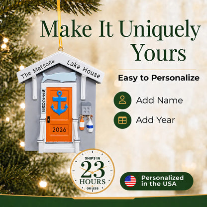 Make it yours: personalize the Lake House christmas ornament with a name and the year