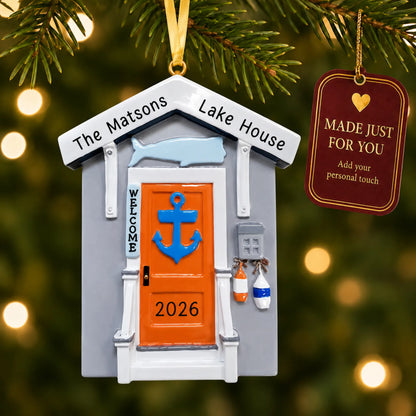 Lake House christmas ornament hanging on a lit Christmas tree with a Made Just For You gift tag
