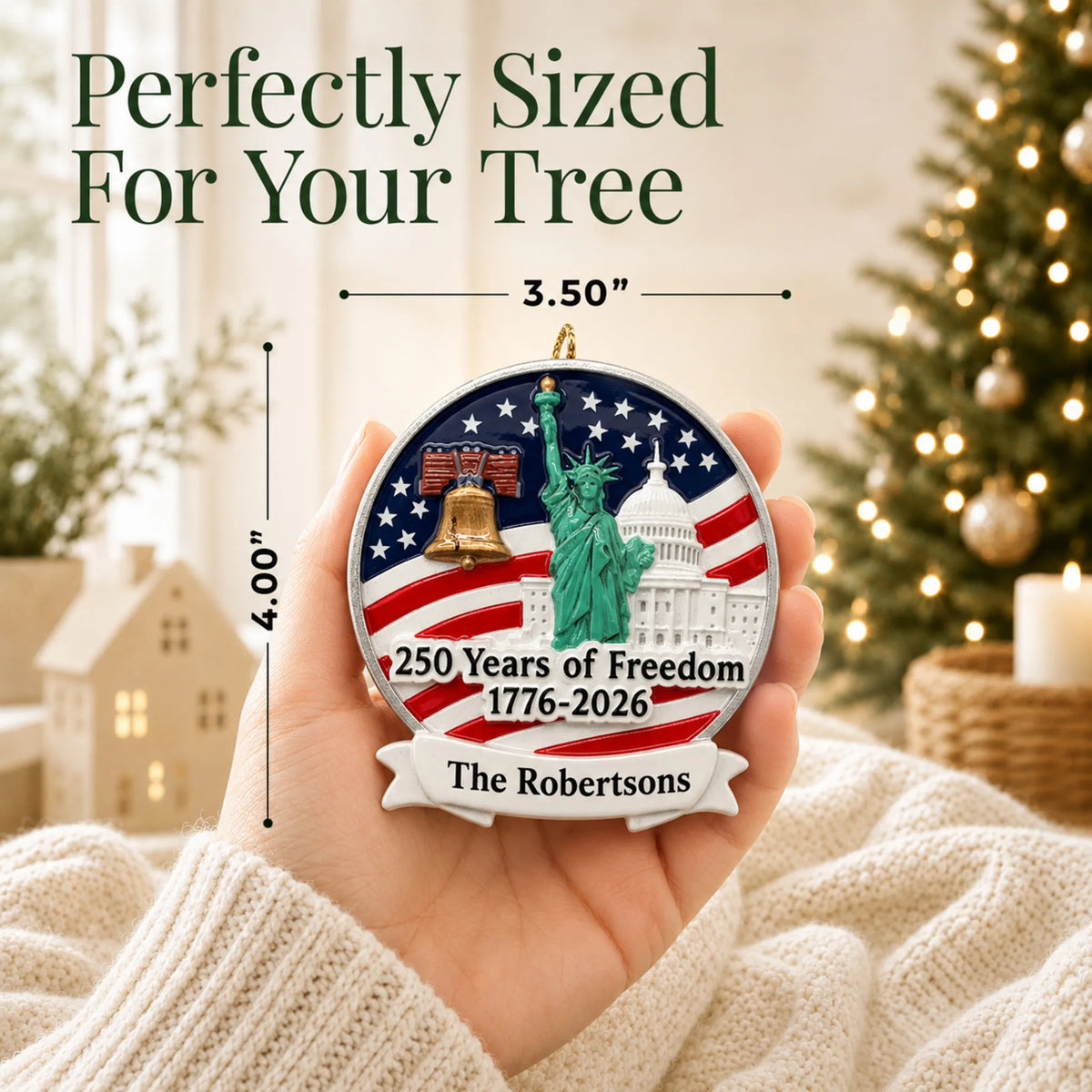 Size guide: the personalized USA 250th Anniversary Freedom christmas ornament is 3.50 in wide by 4.00 in tall, shown in hand