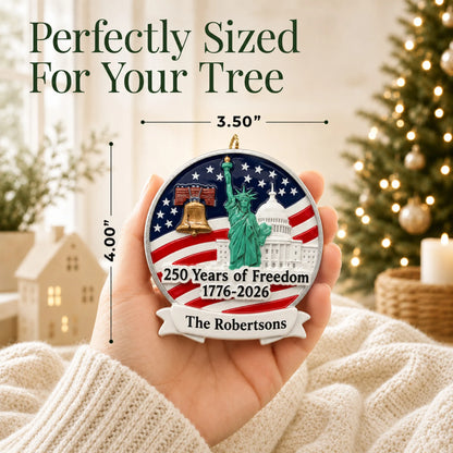 Size guide: the personalized USA 250th Anniversary Freedom christmas ornament is 3.50 in wide by 4.00 in tall, shown in hand