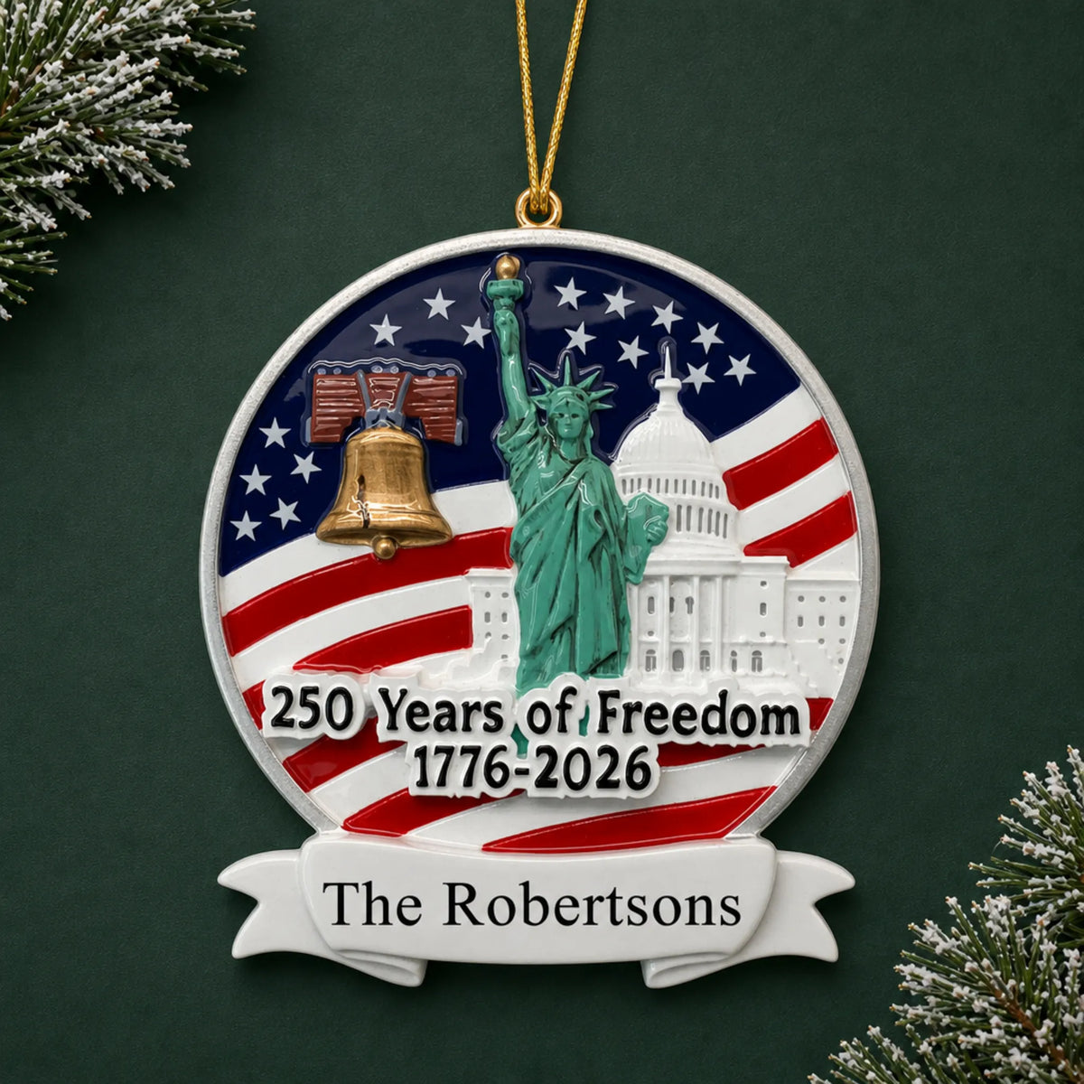 Personalized USA 250 Years of Freedom Christmas ornament with name and year, shown on a green holiday background