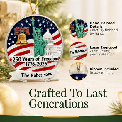 Close-up of the USA 250 Years of Freedom Christmas ornament: hand-painted finish, laser engraving, ribbon included