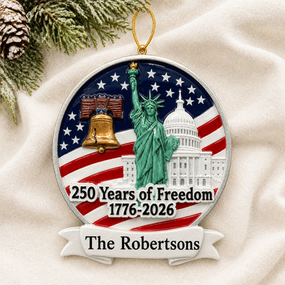 Personalized USA 250 Years of Freedom Christmas ornament shown on a soft white blanket