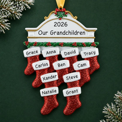 Personalized red stockings family of 11 christmas ornament on a dark green pine background
