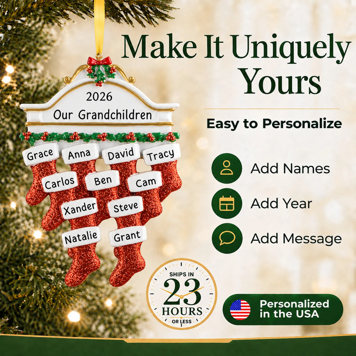 Make it yours: add names and year to the personalized red stockings family of 11 christmas ornament