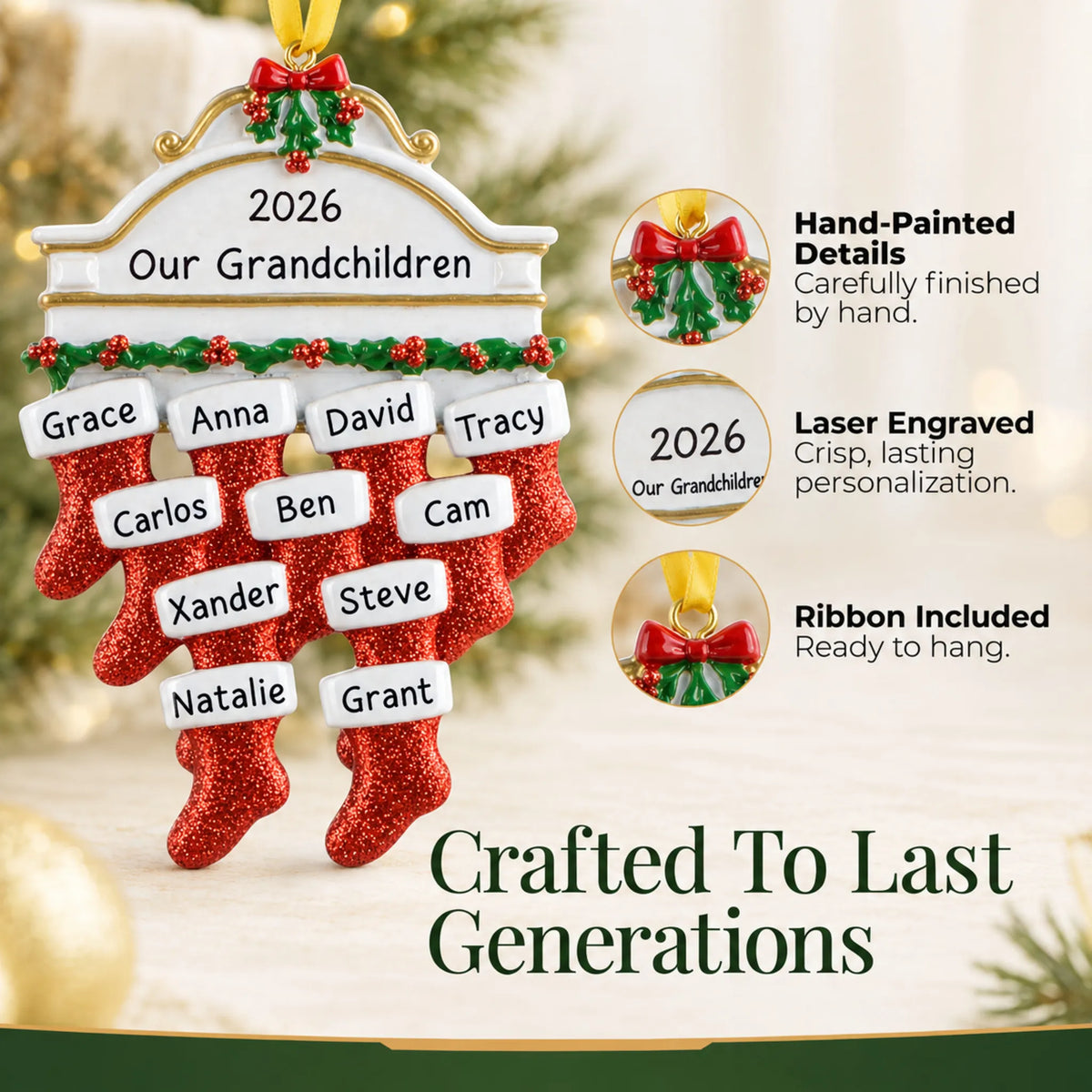 Hand-painted details and laser engraved personalization on the red stockings family of 11 christmas ornament, ribbon included