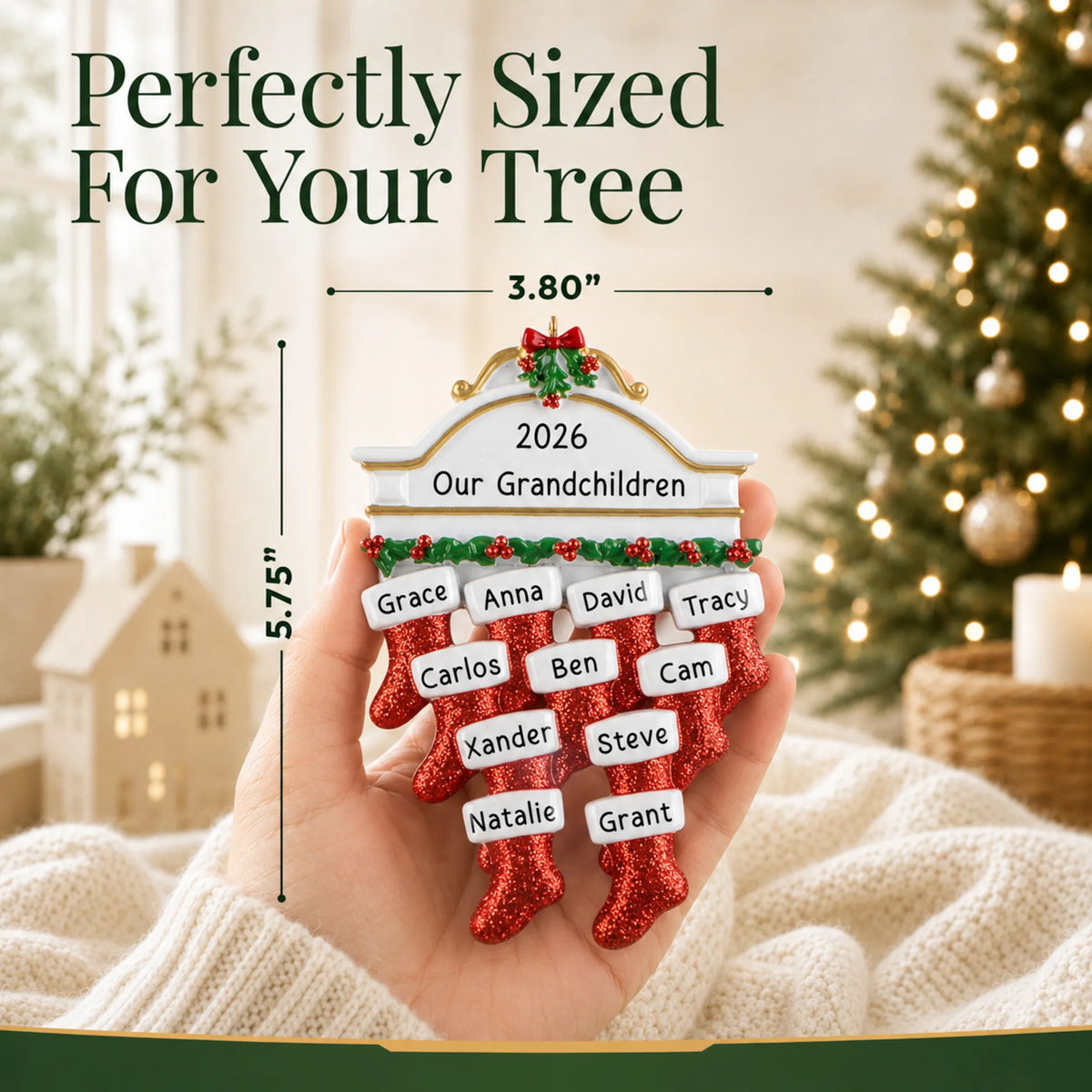 Size guide: the personalized red stockings family of 11 christmas ornament is 3.80 in wide by 5.75 in tall, shown in hand