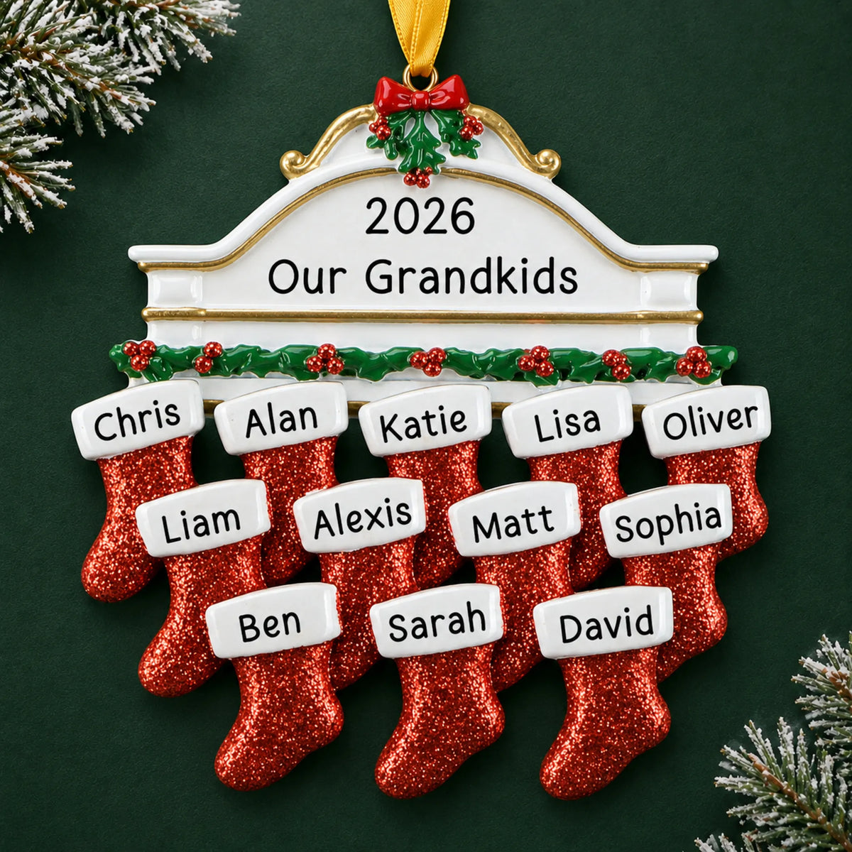 Personalized red stockings family of 12 christmas ornament on a dark green pine background