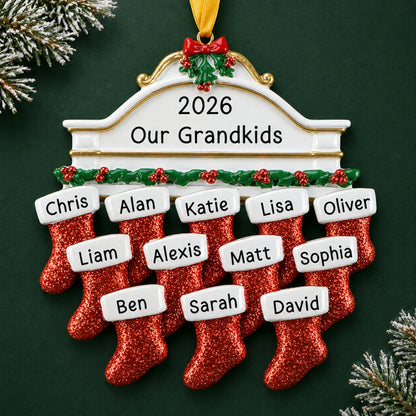 Personalized red stockings family of 12 christmas ornament on a dark green pine background