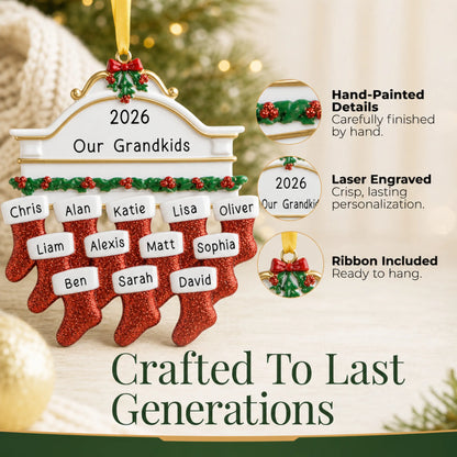 Hand-painted details and laser engraved personalization on the red stockings family of 12 christmas ornament, ribbon included