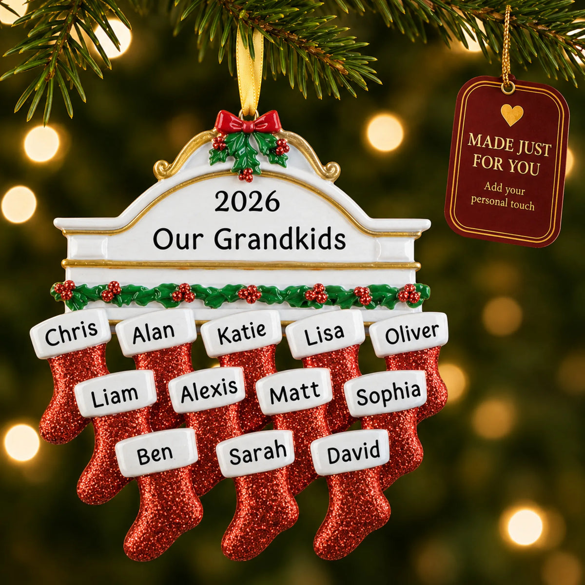 Red stockings family of 12 christmas ornament hanging on a lit Christmas tree with a Made Just For You gift tag