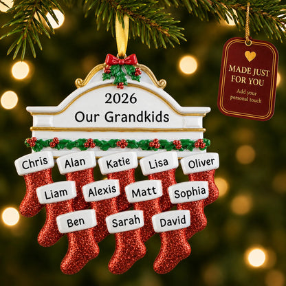 Red stockings family of 12 christmas ornament hanging on a lit Christmas tree with a Made Just For You gift tag