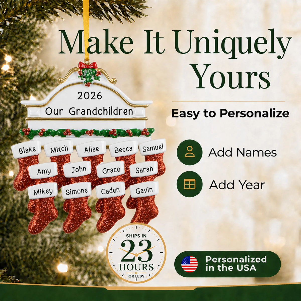 Make it yours: add names and year to the personalized red stockings family of 13 christmas ornament