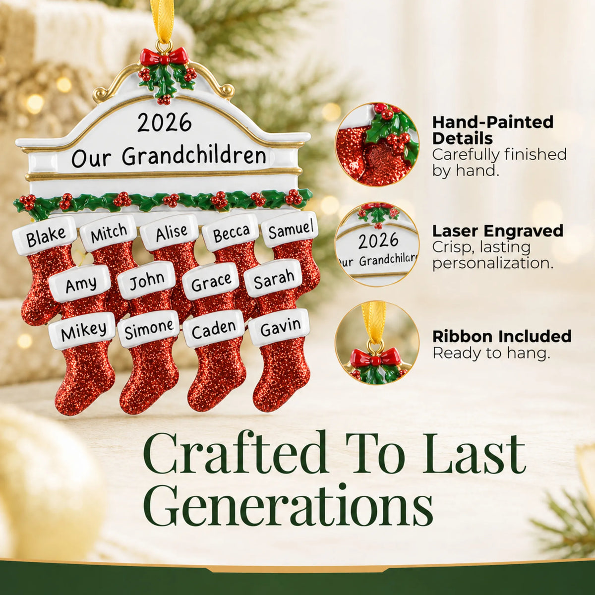 Hand-painted details and laser engraved personalization on the red stockings family of 13 christmas ornament, ribbon included