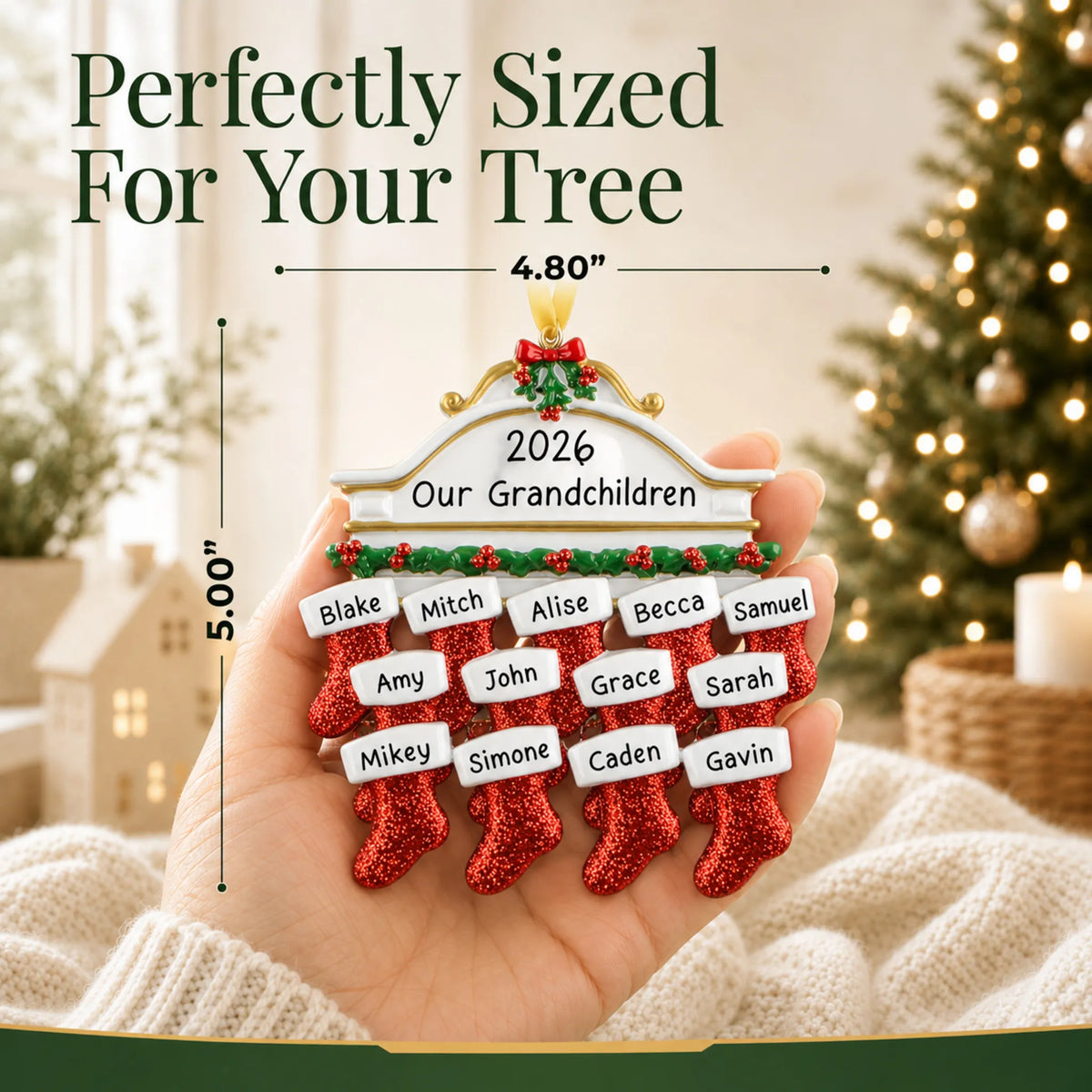 Size guide: the personalized red stockings family of 13 christmas ornament is 4.80 in wide by 5.00 in tall, shown in hand