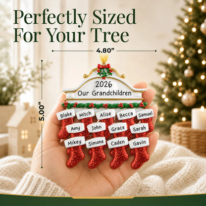 Size guide: the personalized red stockings family of 13 christmas ornament is 4.80 in wide by 5.00 in tall, shown in hand