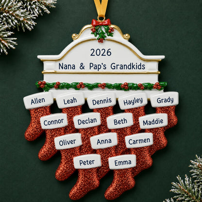 Personalized red stockings family of 14 christmas ornament on a dark green pine background