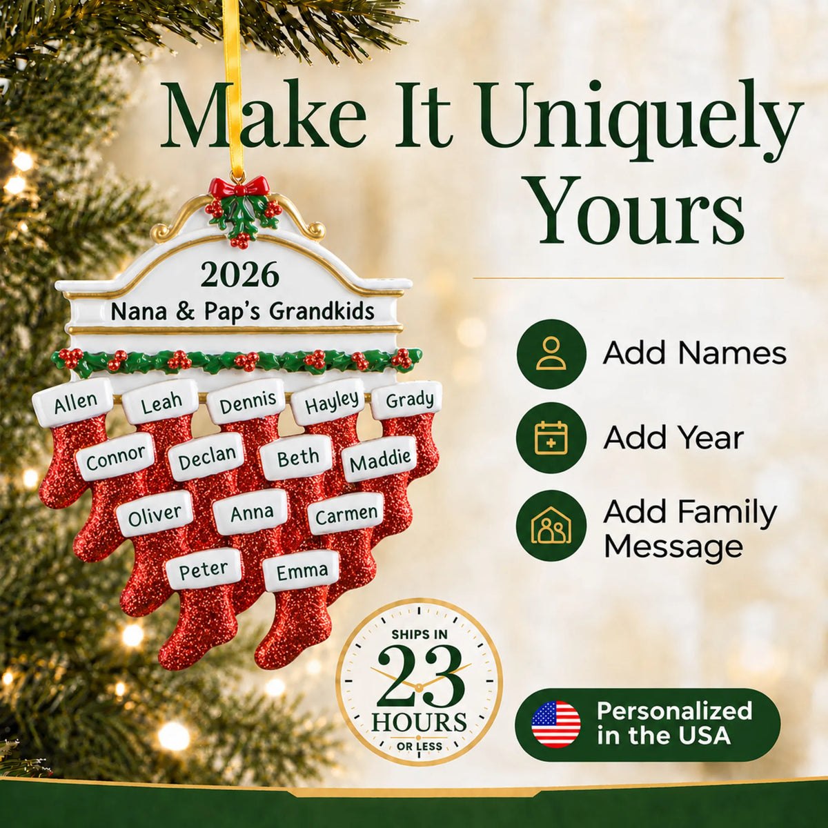Make it yours: add names and year to the personalized red stockings family of 14 christmas ornament