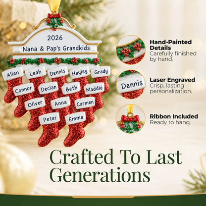 Hand-painted details and laser engraved personalization on the red stockings family of 14 christmas ornament, ribbon included