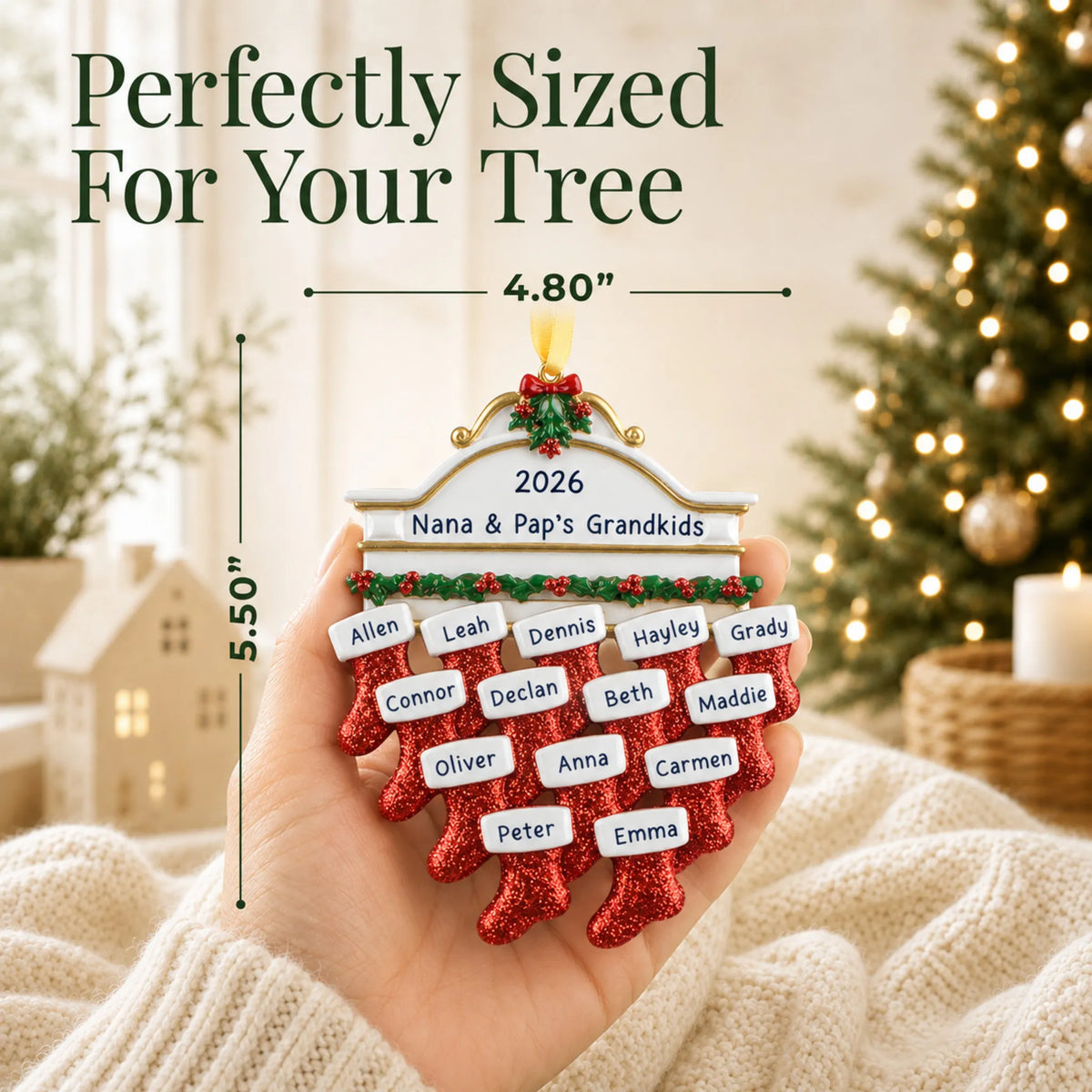 Size guide: the personalized red stockings family of 14 christmas ornament is 4.80 in wide by 5.50 in tall, shown in hand