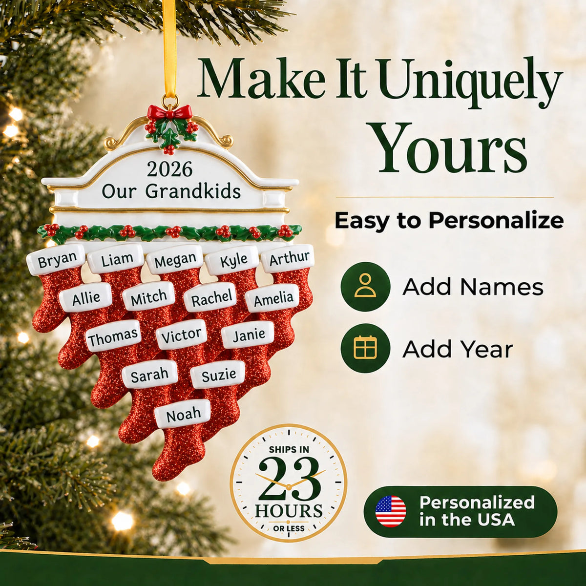 Make it yours: add names and year to the personalized red stockings family of 15 christmas ornament