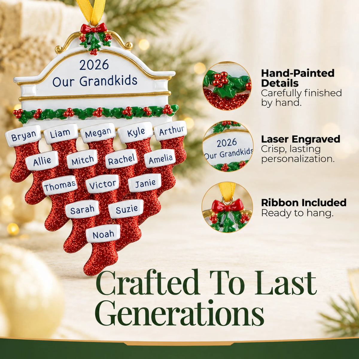 Hand-painted details and laser engraved personalization on the red stockings family of 15 christmas ornament, ribbon included