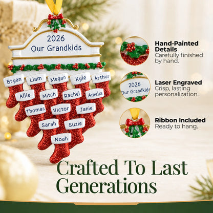 Hand-painted details and laser engraved personalization on the red stockings family of 15 christmas ornament, ribbon included
