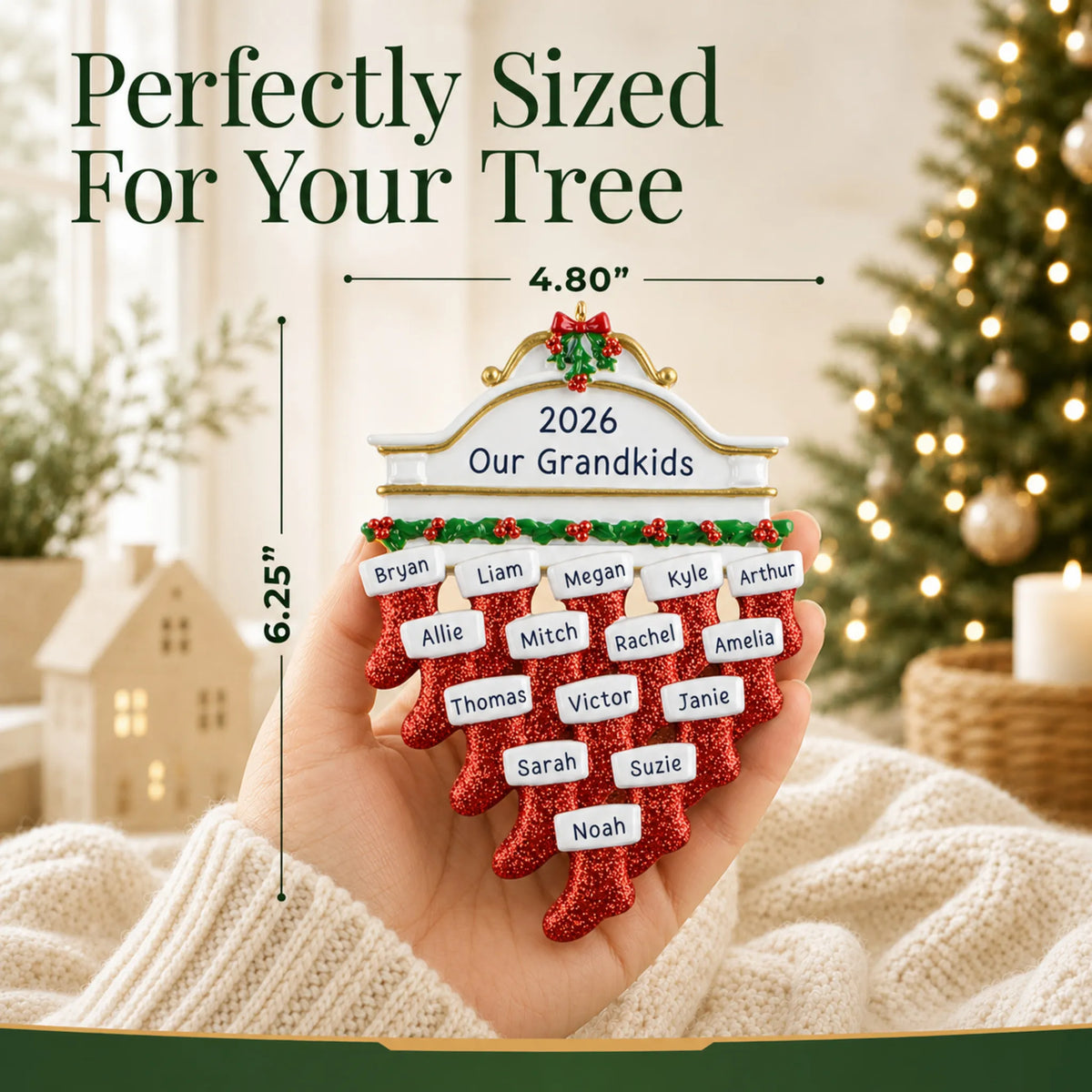 Size guide: the personalized red stockings family of 15 christmas ornament is 4.80 in wide by 6.25 in tall, shown in hand