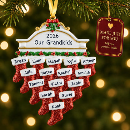Red stockings family of 15 christmas ornament hanging on a lit Christmas tree with a Made Just For You gift tag