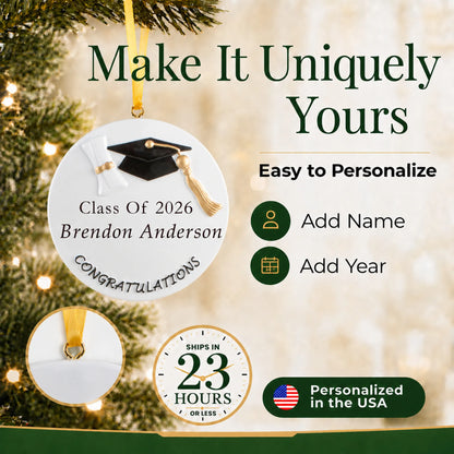 Personalized graduation Christmas ornament with easy add-name and add-year options, personalized and shipped in 23 hours