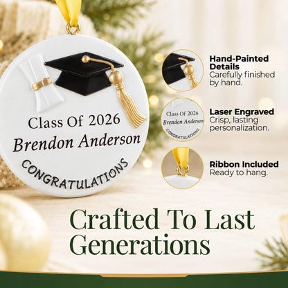 Personalized graduation class of Christmas ornament showing hand-painted finish, laser-engraved text and included ribbon