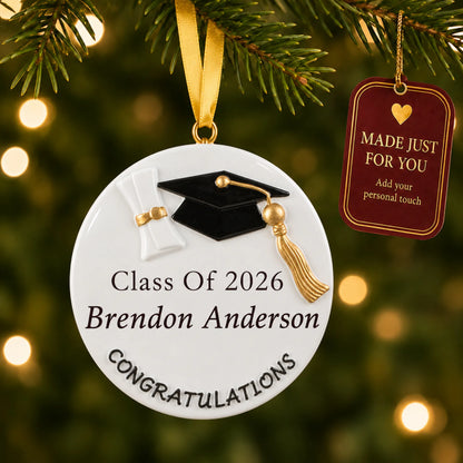 Personalized graduation class of 2026 Christmas ornament hanging on a tree with a Made Just For You gift tag
