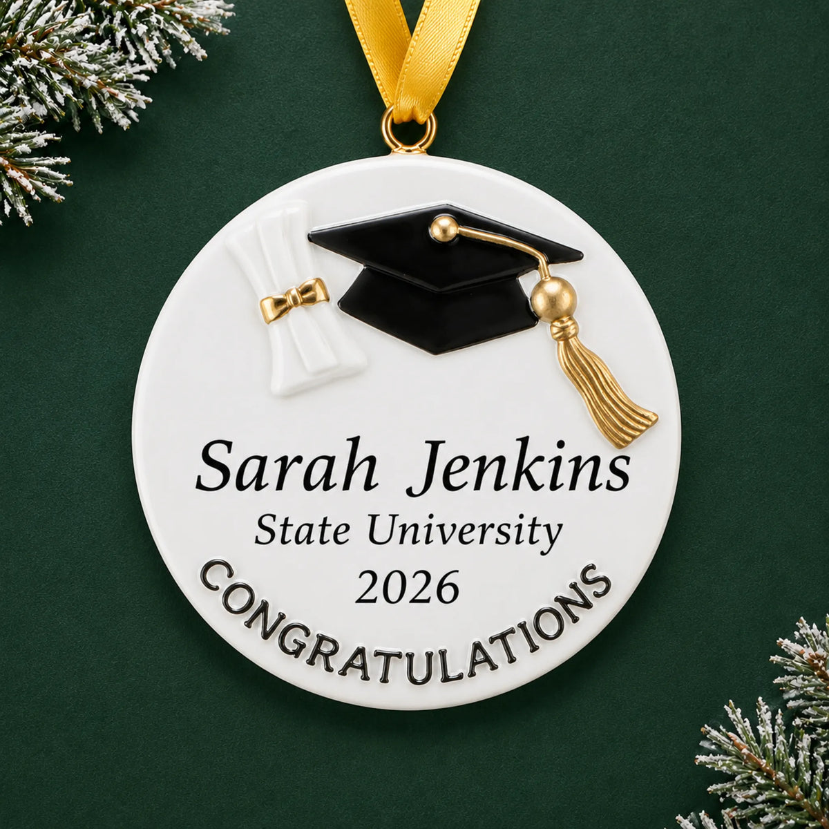 Personalized graduation congratulations Christmas ornament, a round white disc with a black grad cap and engraved name, school and year