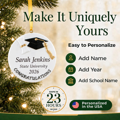 Personalized graduation congratulations Christmas ornament showing name, year and school-name personalization