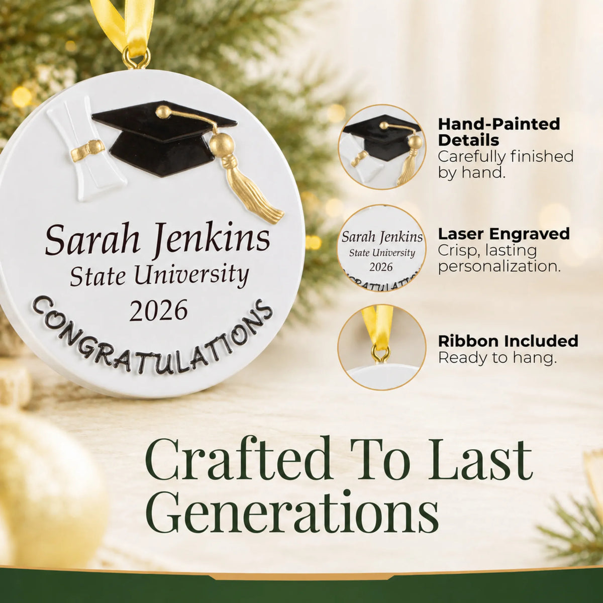 Close-up of the graduation congratulations ornament's hand-painted grad cap, laser-engraved text and hanging ribbon