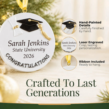 Close-up of the graduation congratulations ornament's hand-painted grad cap, laser-engraved text and hanging ribbon