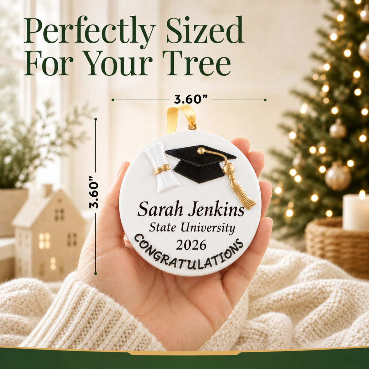 Personalized graduation congratulations Christmas ornament held in hand, about 3.6 inches round for the tree